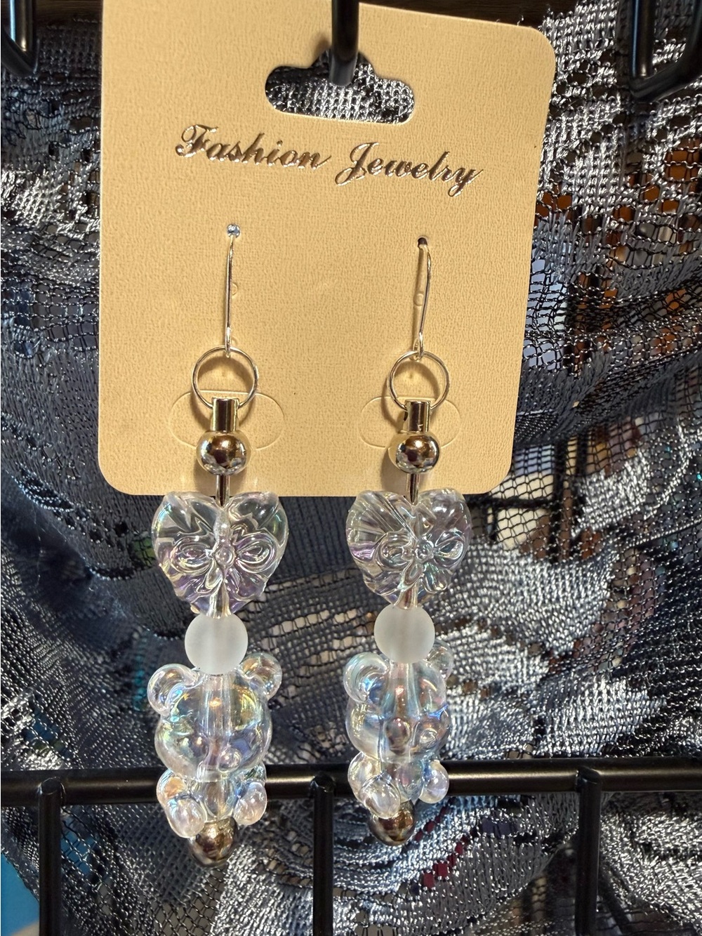 Iridescent Heart & Teddy Bear Drop Earrings - Clear